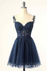 Homecoming Dress Black, Dark Navy A-line Flower Straps Appliques Tulle Homecoming Dress