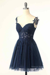 Homecomeing Dresses Black, Dark Navy A-line Flower Straps Appliques Tulle Homecoming Dress