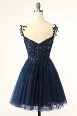 Homecomming Dresses Black, Dark Navy A-line Flower Straps Appliques Tulle Homecoming Dress