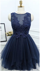 Evening Dresses Ball Gown, Dark Navy Jewel Sleeveless Homecoming Dresses,Appliques Beading A Line Tulle Semi Formal Dress
