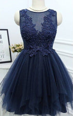 Evening Dresses Lace, Dark Navy Jewel Sleeveless Homecoming Dresses,Appliques Beading A Line Tulle Semi Formal Dress