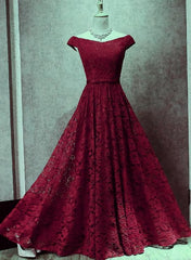 Vintage Dress, Dark Red Lace Off Shoulder Bridesmaid Dress, Long Prom Dress