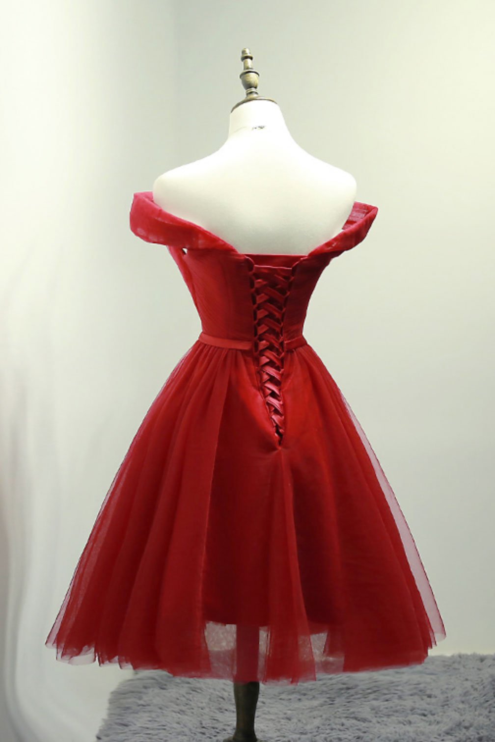 Red Dress, Dark Red Off the Shoulder Tulle Knee Length Party Dress, Red Homecoming Dress