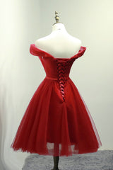 Red Dress, Dark Red Off the Shoulder Tulle Knee Length Party Dress, Red Homecoming Dress
