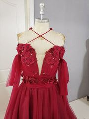 Prom Dresses Princess Style, Dark Red Tulle Lace Long Prom Dress, Red Tulle Lace Evening Dress