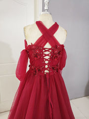 Prom Dress Princess Style, Dark Red Tulle Lace Long Prom Dress, Red Tulle Lace Evening Dress