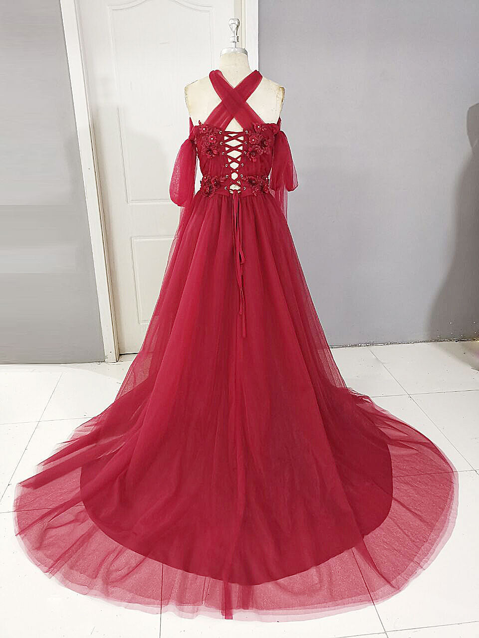 Prom Dresses With Sleeve, Dark Red Tulle Lace Long Prom Dress, Red Tulle Lace Evening Dress