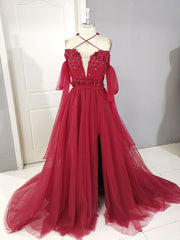 Prom Dresses 2023 Cheap, Dark Red Tulle Lace Long Prom Dress, Red Tulle Lace Evening Dress