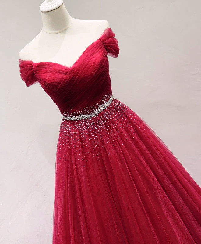 Prom Dresses For Curvy Figure, Dark Red Tulle Off Shoulder Long Prom Dress, Beaded Party Dress