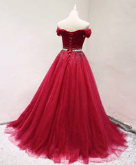 Prom Dresses For Curvy Figures, Dark Red Tulle Off Shoulder Long Prom Dress, Beaded Party Dress