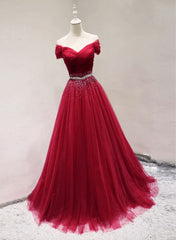 Prom Dress Purple, Dark Red Tulle Off Shoulder Long Prom Dress, Beaded Party Dress