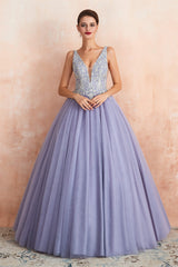 Party Dresses Summer, Deep V Neck Beaded Tulle Lavender Prom Dresses
