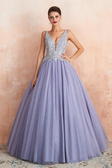 Party Dress For Summer, Deep V Neck Beaded Tulle Lavender Prom Dresses