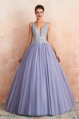 Party Dresses For Summer, Deep V Neck Beaded Tulle Lavender Prom Dresses