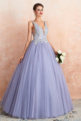 Party Dresses For Teenage Girls, Deep V Neck Beaded Tulle Lavender Prom Dresses