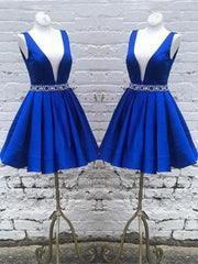 Mafia Dress, Deep V Neck Royal Blue Short Satin Prom Dresses, Royal Blue V Neck Short Formal Homecoming Dresses