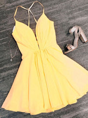Prom Dress For Girl, Deep V Neck Short Yellow Black Prom Dresses, Short Backless Formal Homecoming Dresses