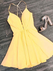 Prom Dressed Ball Gown, Deep V Neck Short Yellow Prom Dresses, Short Backless Formal Homecoming Dresses