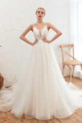 Wedding Dress Stores, Deep V See Through Neck Bridal Dresses Spaghetti Straps Fairy Tulle Wedding Gowns