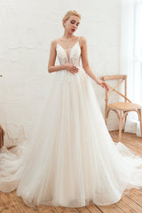 Wedding Dress Brides, Deep V See Through Neck Bridal Dresses Spaghetti Straps Fairy Tulle Wedding Gowns