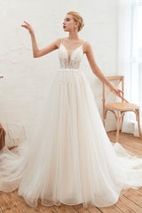 Wedding Dresses Brides, Deep V See Through Neck Bridal Dresses Spaghetti Straps Fairy Tulle Wedding Gowns