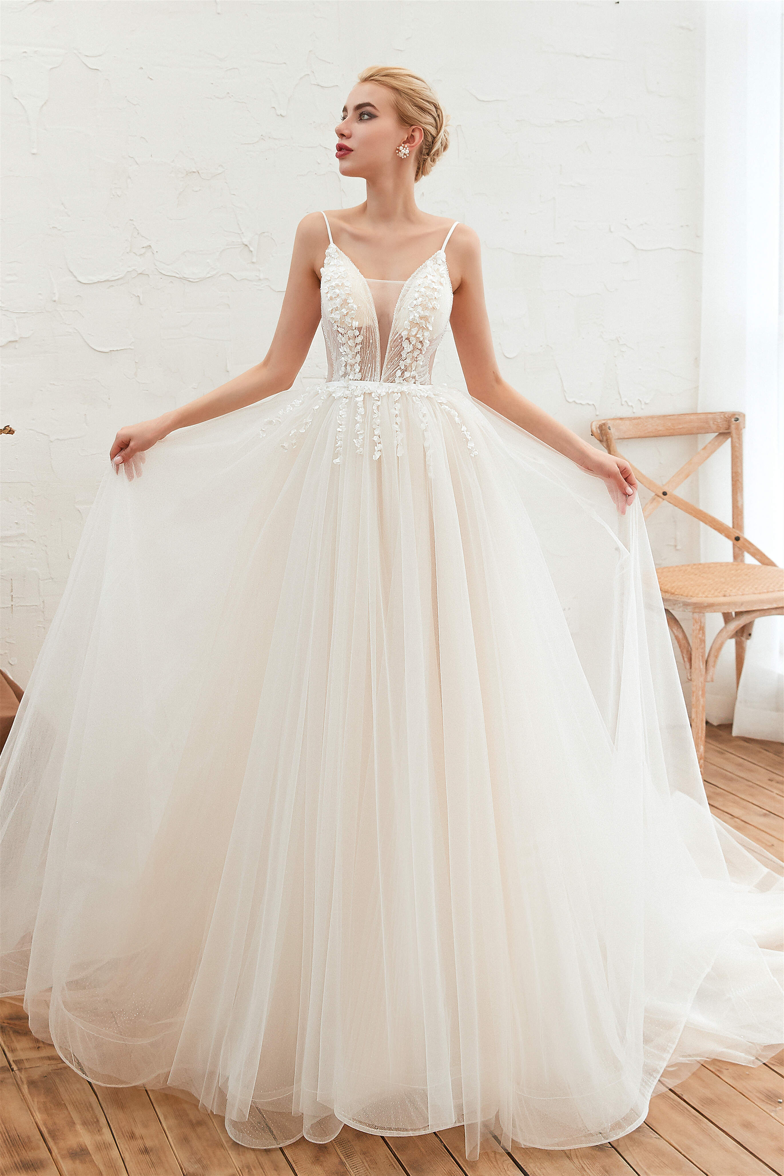 Wedding Dress Bride, Deep V See Through Neck Bridal Dresses Spaghetti Straps Fairy Tulle Wedding Gowns