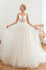 Wedding Dress Bride, Deep V See Through Neck Bridal Dresses Spaghetti Straps Fairy Tulle Wedding Gowns