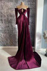 Formal Dress On Sale, Designer Burgundy Velvet Long Sleeves Prom Dress With Train,Gala Dresses Elegant