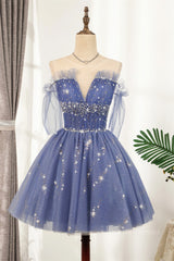 Prom Dress Elegent, Diamond Blue Tulle Short Homecoming Dress