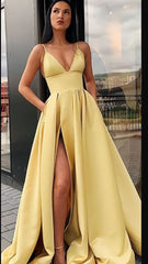 Prom Dresses For Teen, Different Colors A-line Satin Sleeveless Spaghetti Straps Slit Prom Dress