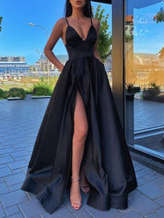 Prom Dress For Teen, Different Colors A-line Satin Sleeveless Spaghetti Straps Slit Prom Dress