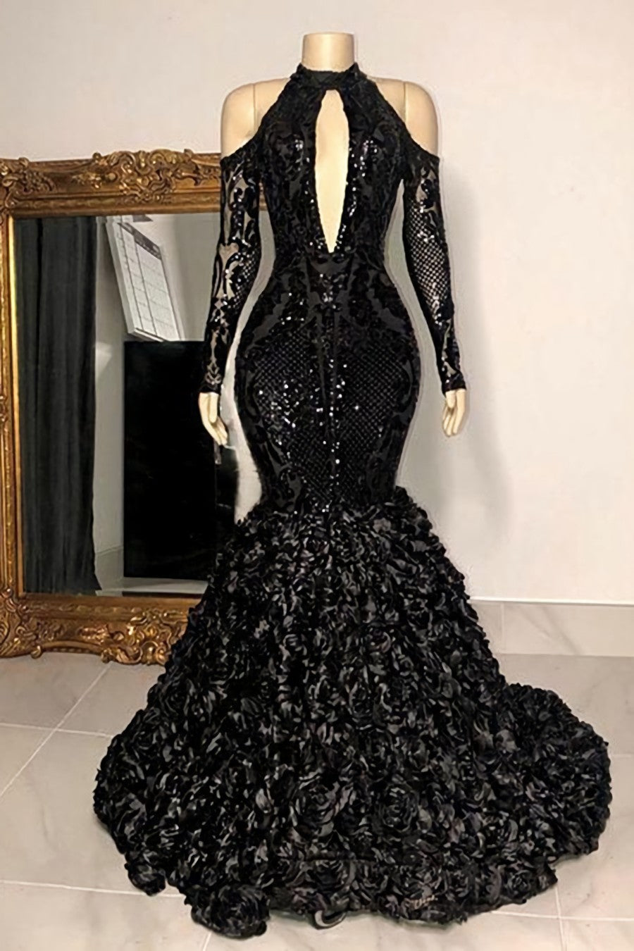 Strapless Dress, Dignified Black Halter Long Sleeve Transparent Lace Sequin Mermaid Prom Dresses