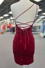 Bridesmaid Dresses Fall Colors, Double Straps Red Velvet Pleated Bodycon Homecoming Dress