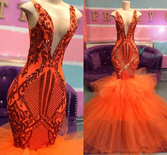 Prom Dresses Store, Black Girl Prom Dress, Orange Mermaid Lace Appliques Prom Dresses, Tulle Ruffles Sexy V Neck Cheap Evening Gowns