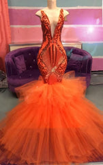 Prom Dress Store, Black Girl Prom Dress, Orange Mermaid Lace Appliques Prom Dresses, Tulle Ruffles Sexy V Neck Cheap Evening Gowns