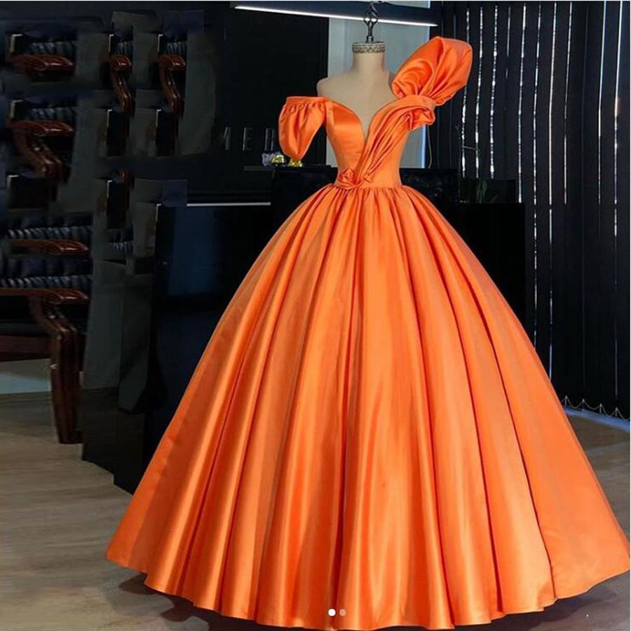 Prom Dress Outfits, Orange Satin Puffy Prom Dresses, Vintage Pleated 3D Flower Long Prom Gowns Plus Size Formal Party Dress