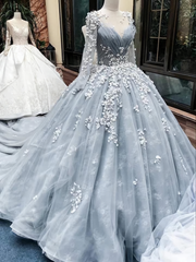 Prom Dresses Dresses, Romantic Light Grey Long Sleeves Floral Lace Applique Ball Gown Evening Dress