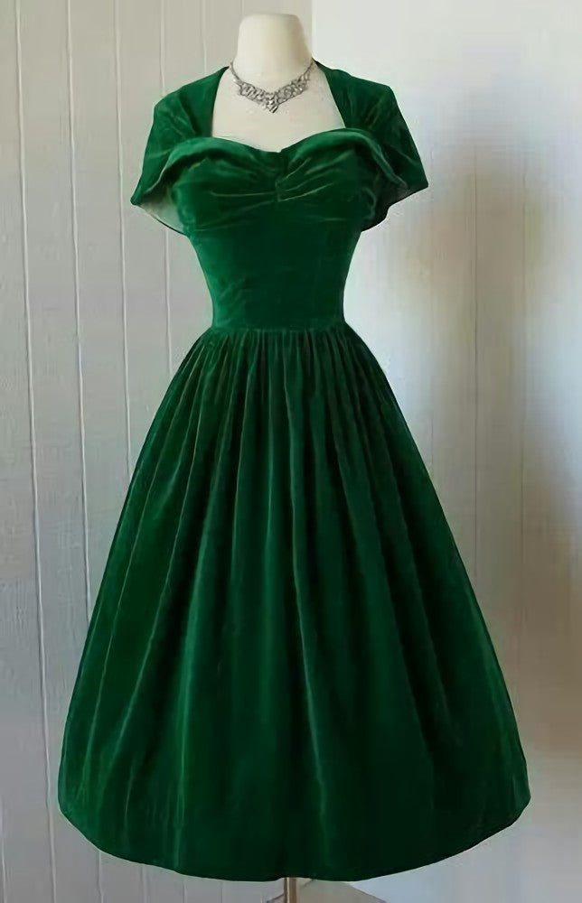 Prom Dresses Short, 1950S Vintage Prom Dress, Green Velvet Homecoming Dress