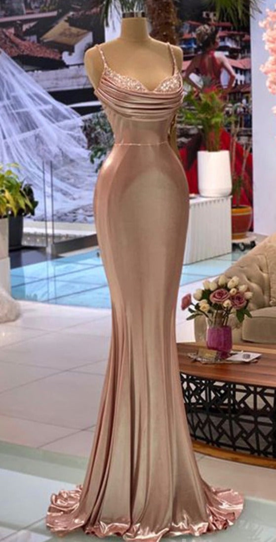 Prom Dress Casual, Sexy Rose Gold Mermaid Spaghetti Straps Maxi Long Prom Dresses Online