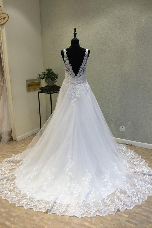 Wedding Dress Cost, Delicate V Neck With Lace Appliques Wedding Dresses