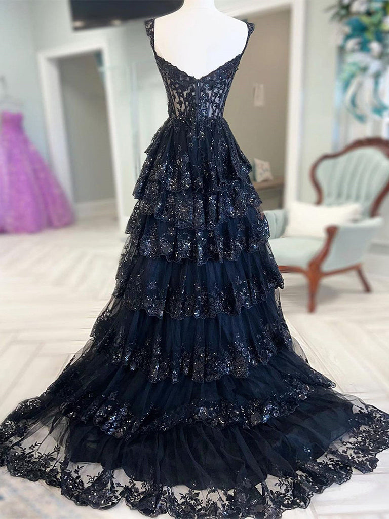 Prom Dress A Line Prom Dress, A-Line Sweetheart Neck Tulle Sequin Black Long Prom Dress, Sequin Black Long Formal Evening Dress