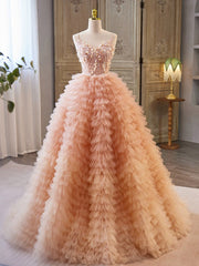 Bridesmaid Dresses On Sale, Unique V Neck Tulle Sequin Orange Pink Long Prom Dress, Orange Pink Sweet 16 Dress