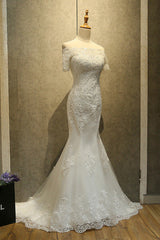 Wedding Dress Shops, Mermaid Off Shoulder Sleeveless Lace Beading Watteau Train Wedding Dresses