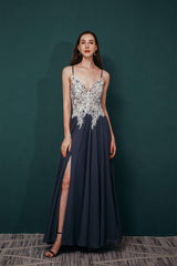 Prom Dress Size 35, A-line Spaghetti Straps Side Split Long Prom Dresses