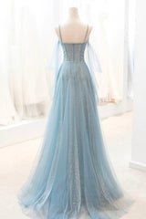 Rustic Wedding Dress, Dusty Blue Sparkly Tulle Long Prom Dress, A-Line Spaghetti Strap Evening Dress