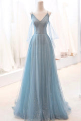 Bride Dress, Dusty Blue Sparkly Tulle Long Prom Dress, A-Line Spaghetti Strap Evening Dress
