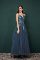Prom Dresses 21, Dusty Blue Tulle A-line Low back Spaghetti strap Prom Dresses