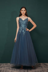 Prom Dress 21, Dusty Blue Tulle A-line Low back Spaghetti strap Prom Dresses
