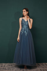 Prom Dress Under 71, Dusty Blue Tulle A-line Low back Spaghetti strap Prom Dresses