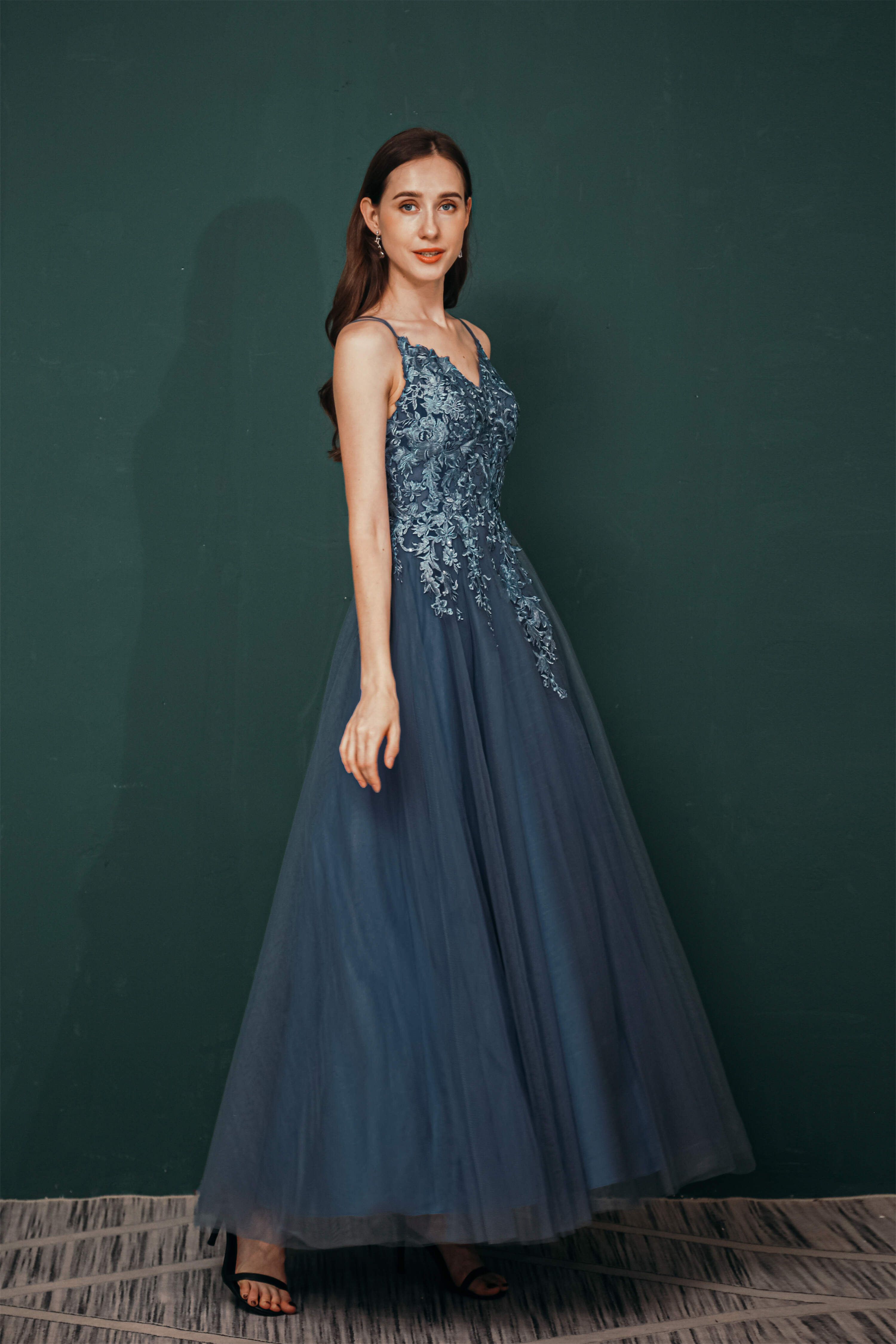 Prom Dresses 2043 Ball Gown, Dusty Blue Tulle A-line Low back Spaghetti strap Prom Dresses